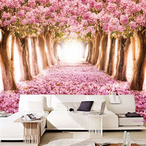 Papel Pintado De Foto Personalizado De Beibehang 3d Flores Románticas De Cerezo Gran Mural Rosa