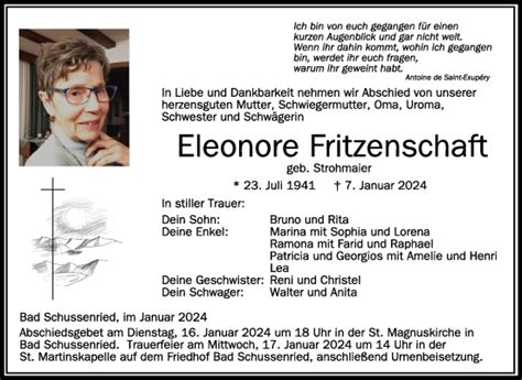 Traueranzeigen Von Eleonore Fritzenschaft Schwaebische De Trauerportal