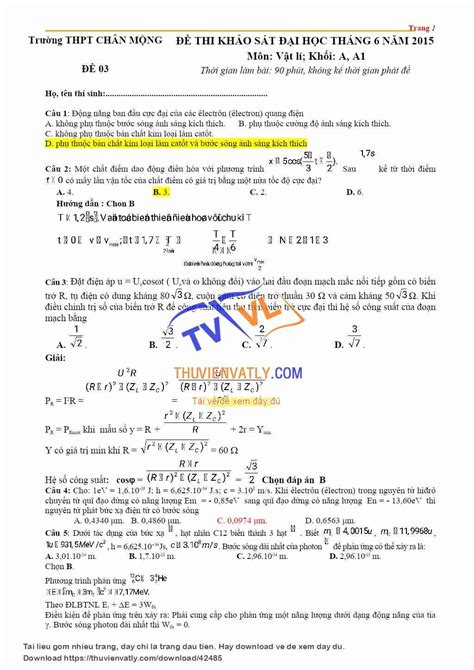 doc Giải chi tiết đề KS THPT QG 03 tháng 6 2015 Thư Viện Vật Lý