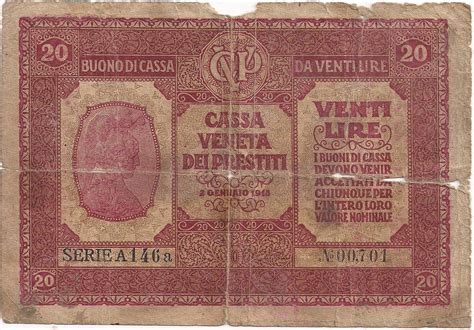 Banknote Münze Philatelie ITALY 20 Lire Issued by Cassa Veneta dei