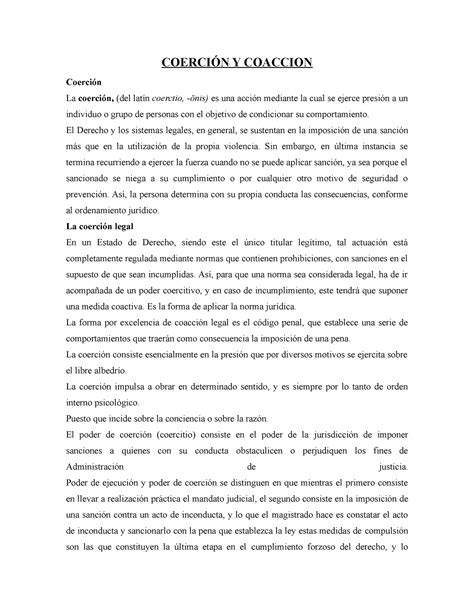 Coerción Y Coaccion COERCIÓN Y COACCION Coerción La coerción del