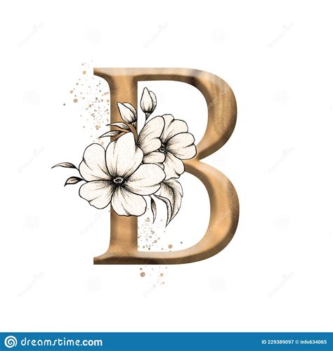 Alfabeto Floral Gráfico Letra B De Ouro Flores Vintage Composição