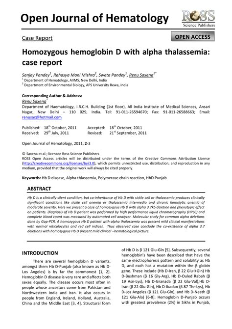 Pdf Homozygous Hemoglobin D With Alpha Thalassemia Case Report Hot