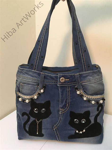 Handmade Handbag For Women Denim Blue Jeans Handbag Cats Denim Bag Diy Recycled Jeans Bag