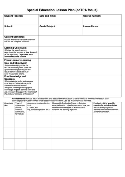 Special Education Lesson Plan Edtpa Focus Printable Pdf Download