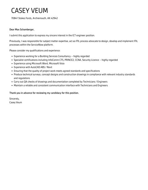 Ict Engineer Cover Letter Velvet Jobs