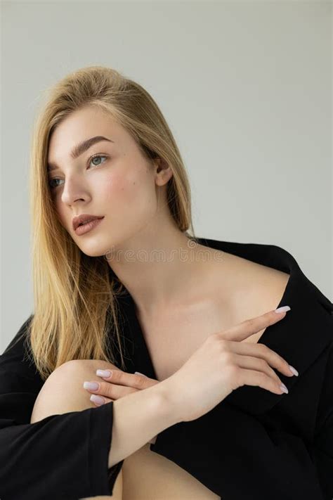 Seductive Blonde Woman In Black Jacket Stock Image Image Of Pretty Clothes