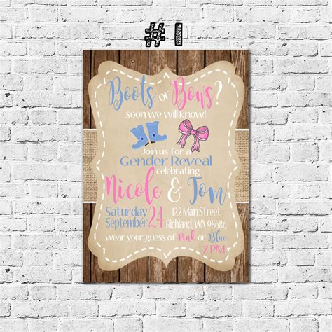 Printable Boots Or Bows Baby Gender Reveal Invitation