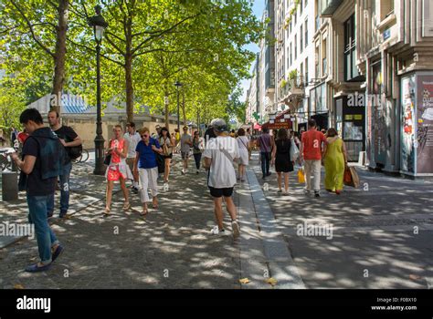 Paris France Large Crowd People Tourists Walking Street Scene