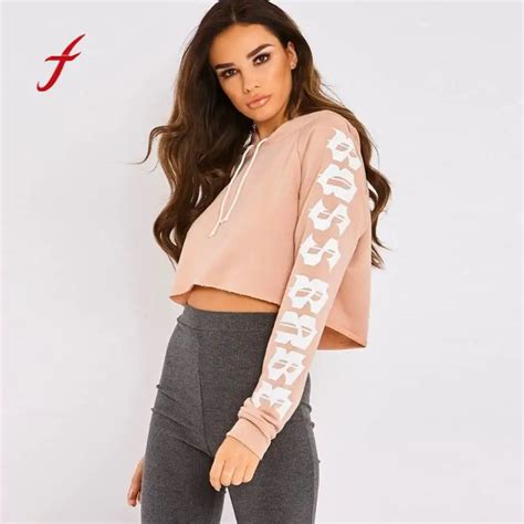 Feitong Sexy Crop Top Hoodie Women Print Sweatshirt Long Sleeved Pullovers Hoodies Ladies