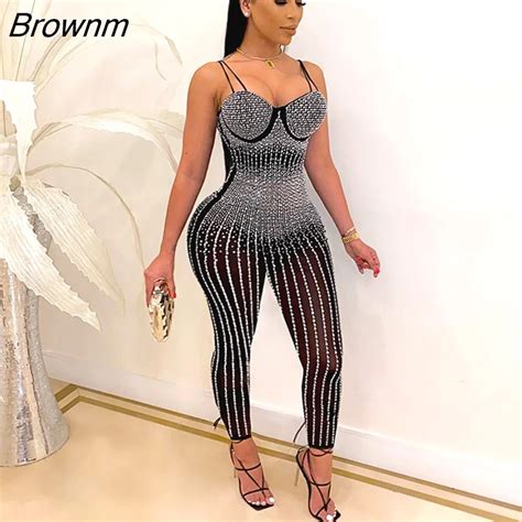 Brownm Sexy Rhinestone Mesh Sheer Skinny Long Pant Jumpsuit Women Strap