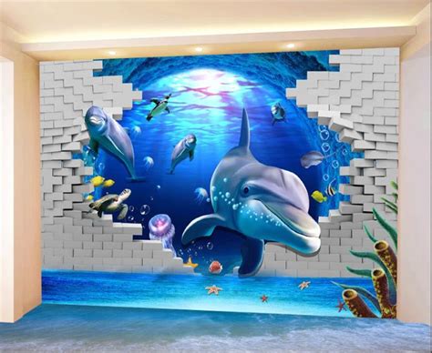 Beibehang Large Custom Wallpaper 3D Stereo Seabed World Dolphin Living