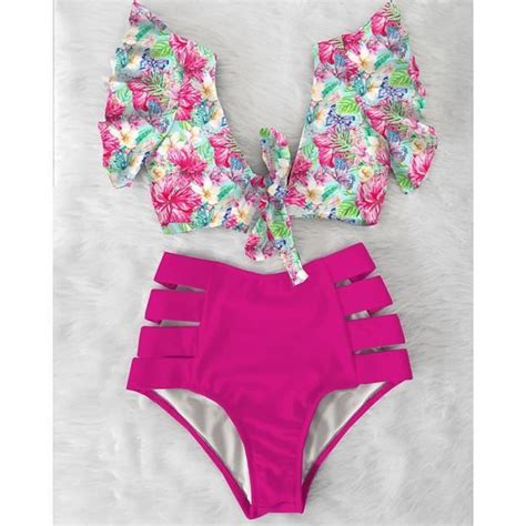MAILLOT DE BAIN Sexy Bikinis Nouveau Double Épaule À Volants Bikini En Ensemble Taille