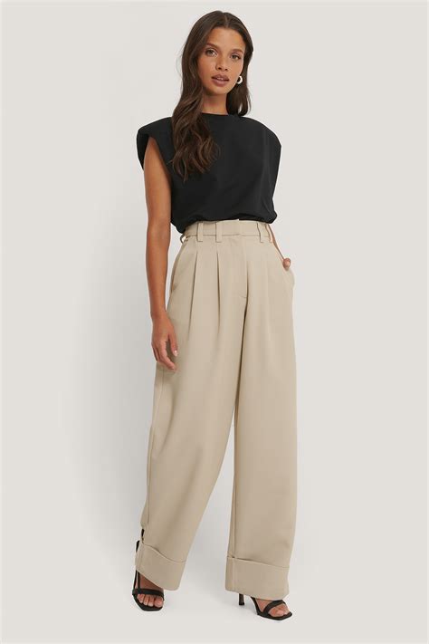 High Waist Folded Twill Pants Beige Na