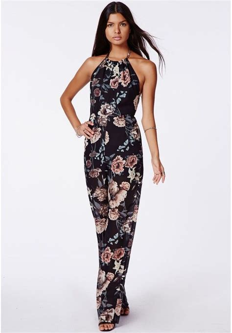 Missguided Megan Floral Open Back Halterneck Jumpsuit Multi Halter Neck