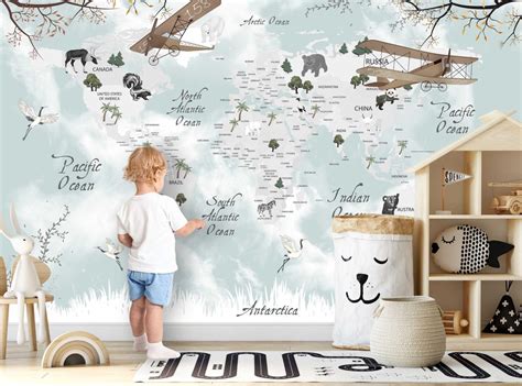 WORLD MAP Wallpaper Wall Sticker Stickers Nursery Mural Kids Room Decor ...