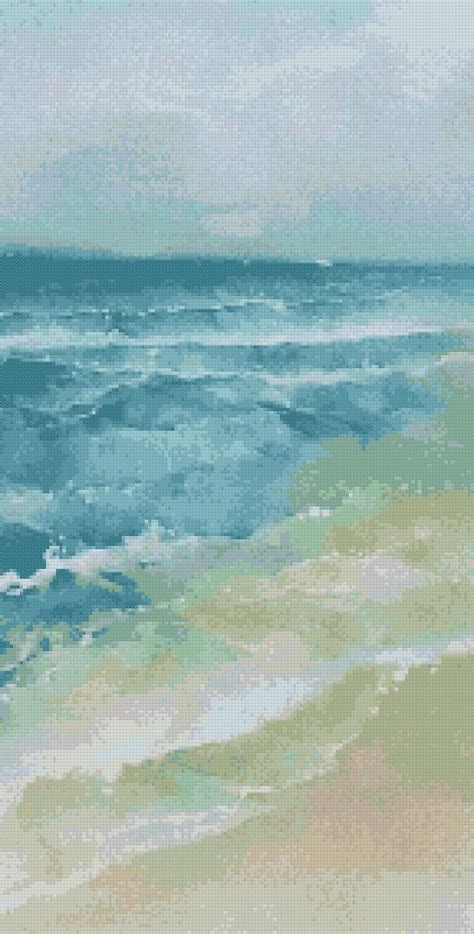 A Painting Of The Ocean With Waves Coming In From The Shore And People