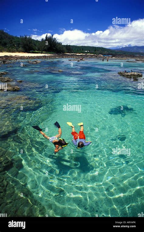 Children (age 8) snorkel in the tidal pools of Sharks Cove (Pupukea ...