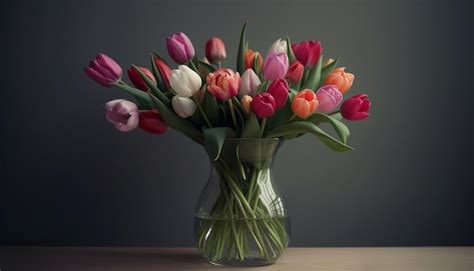 A Vibrant Bouquet Of Multi Colored Tulips Brings Freshness To Nature