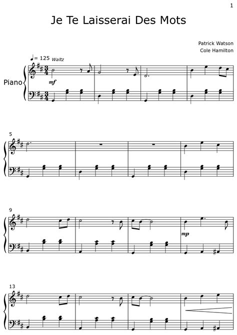 Je Te Laisserai Des Mots Sheet Music For Piano