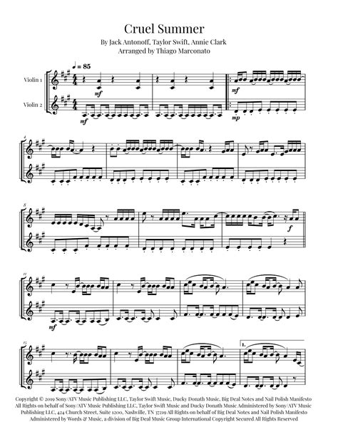 Cruel Summer Arr Thiago Marconato By Taylor Swift Sheet Music For Violin Duet At Sheet Music