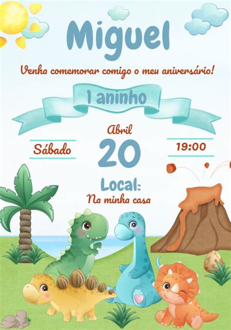 Convite Aniversário Dino Baby Cute em 2024 Convites de aniversário de