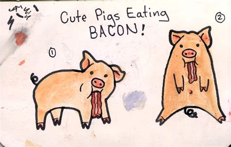 a drawing of two pigs eating bacon on top of a white board with writing ...