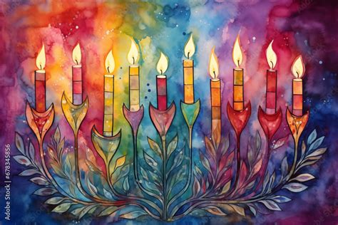 Menorah Brilliance A Watercolor Painting Featuring A Beautifully Lit