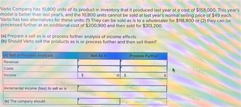 Solved Varto Company Has 10 800 Units Of Its Product In Chegg