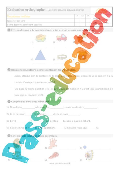 Les Sons Ien Ein Ian Ain Ce Valuation Bilan Pdf Imprimer