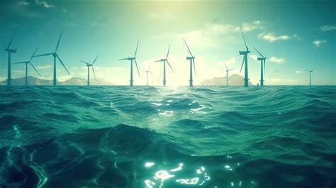 High Resolution 3d Illustration Of Oceanic Wind Turbines Background