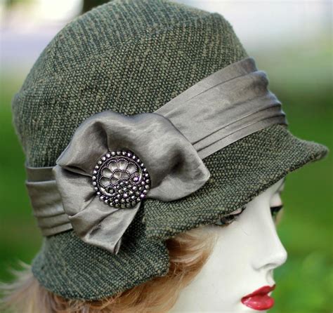 Womens Couture Downton Abbey Cloche Hat In Teal Moss Green Tweed