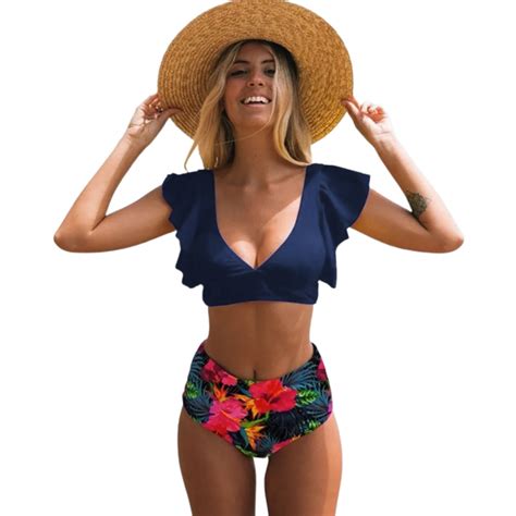 Bikini Falbanka Wysoki Stan KWIATY Granatowy SuperPaczka Pl