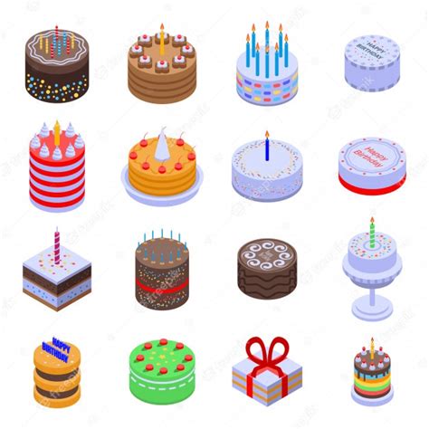 Premium Vector Cake Birthday Icons Set Isometric Style