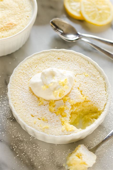 Individual Lemon Soufflé Pudding Cakes Buttered Side Up