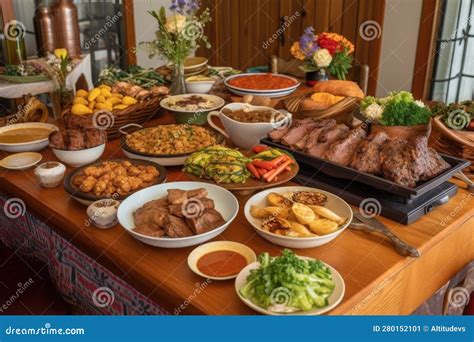 Barbecue Feast With Variety Of Meats And Side Dishes To Choose From