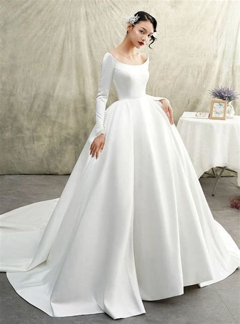 White Ball Gown Satin Bateau Long Sleeve Wedding Dress With Train