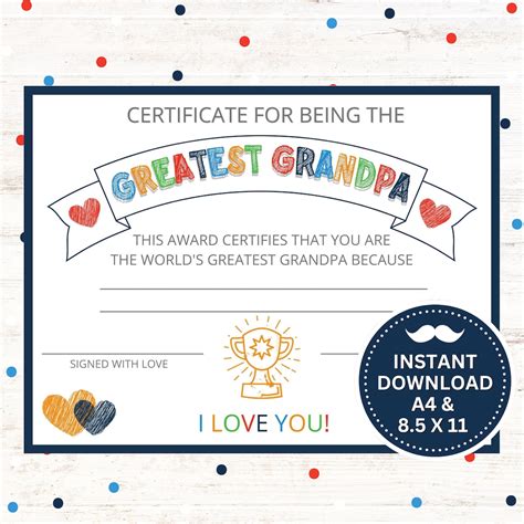 Printable Greatest Grandpa Certificate Instant Download Pdf Fathers