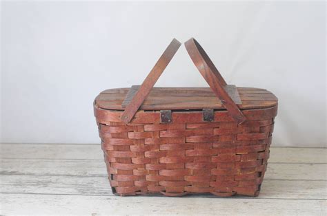 Vintage Picnic Basket Woven Wood Picnic Basket Baskerville Etsy