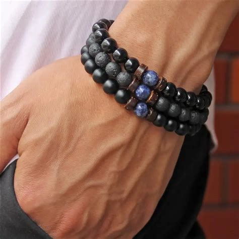 Pulsera De Cuentas De Piedra Volc Nica Natural Para Hombres Pulseras De