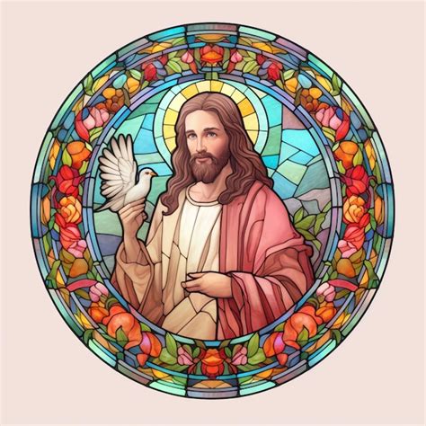 Premium Ai Image A Close Up Of A Stained Glass With A Jesus Holding A Dove Generative Ai