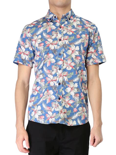 Unique Bargains Mens Floral Short Sleeve Button Shirt 46 Blue Light