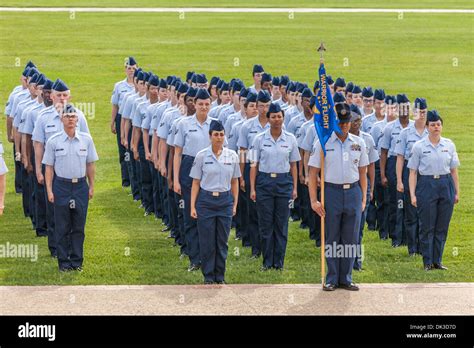 Flight Of Airmen In Dress Blues Stand At Attention During United States