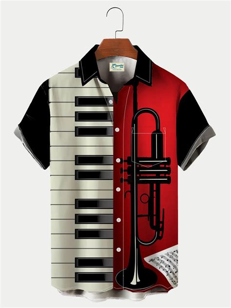 Mens Vintage Trumpet Musical Instrument Print Short Sleeve Hawaiian