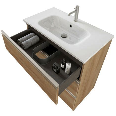 Mobile Bagno A Terra 80 Cm Master Rovere Con Lavabo E Specchio Contenitore