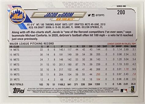 Jacob DeGrom 2021 Topps New York Mets Baseball Card KBK Sports