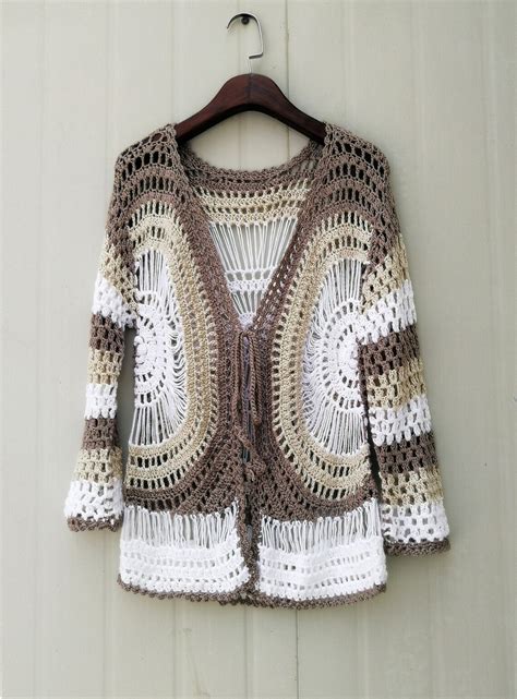 Boho Crochet Sweater Cardigan Tie Front Women Blouse Tops Long Etsy