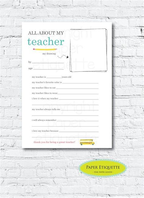 All About My Teacher Printable Teacher Appreciation Week End Etsy