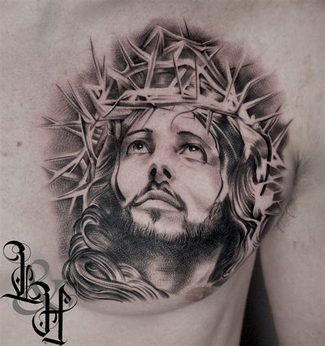 Black and Grey Jesus with Crown of Thorns Tattoo - Love n Hate