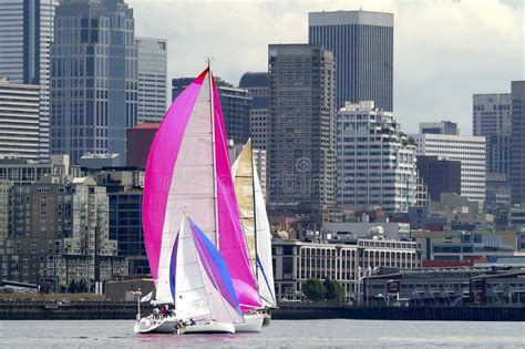 Sailboat Racing On Puget Sound Seattle Washington State Stock Photo